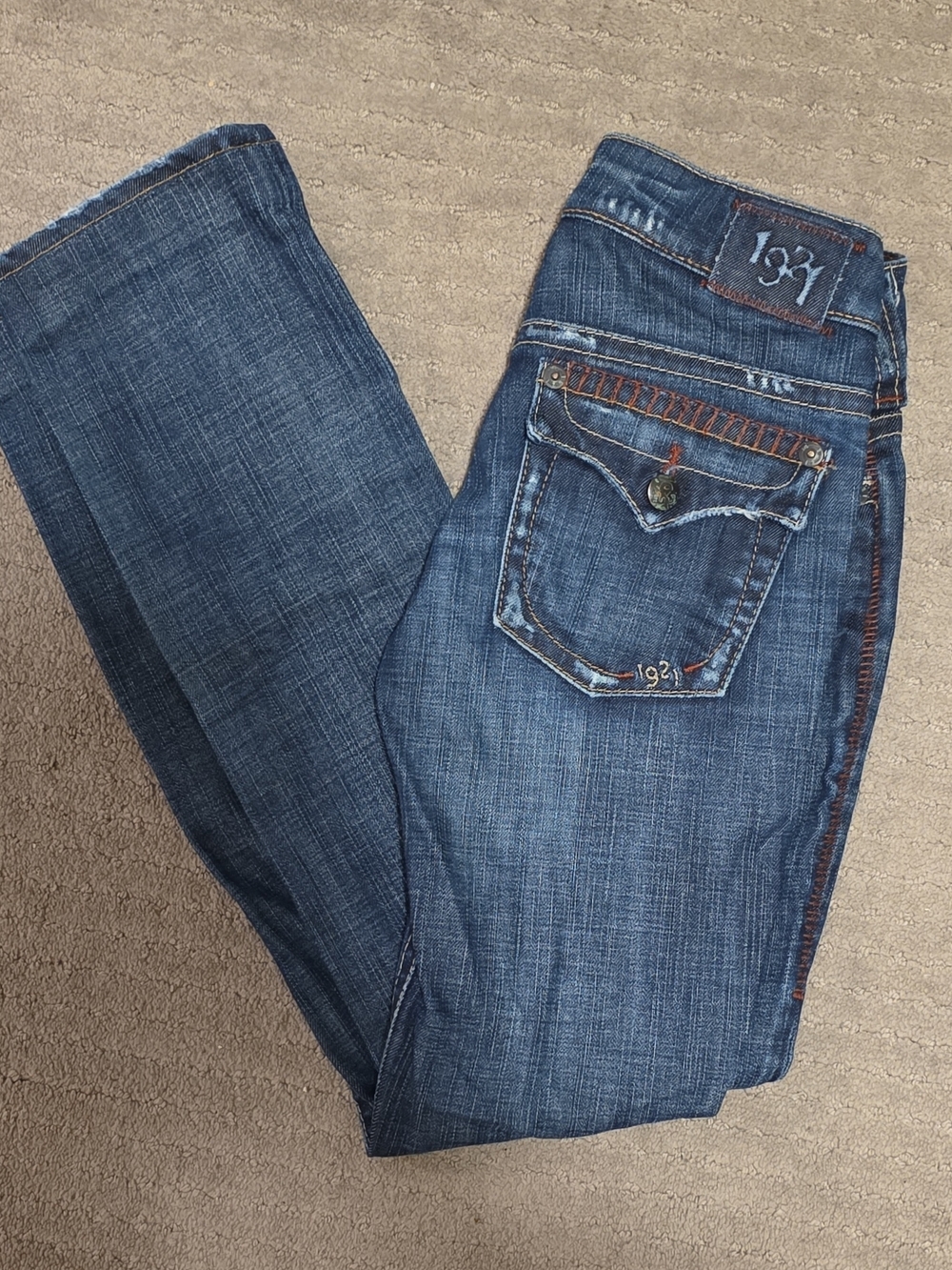 1921 Mid-Rise Dark Blue Bootcut Jeans with Accent Stitching